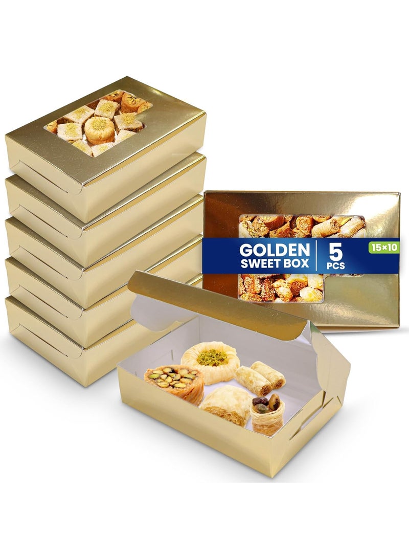 SNH Packing Pack 5 Gold Bakery Box with Window, size 10 x 20 cm Sturdy Aluminum Treat Boxes for Cookies, Pastries, Donuts & Cakes - Dessert Gift Boxes for Weddings, Birthdays & Party Favors - Image 1